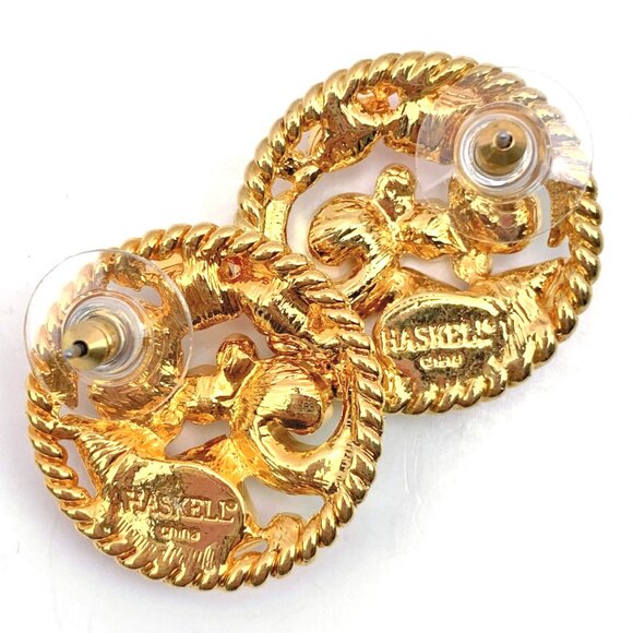 Haskell round gold tone and all colors rhinestones open work post back earrings - Picture 2 of 3